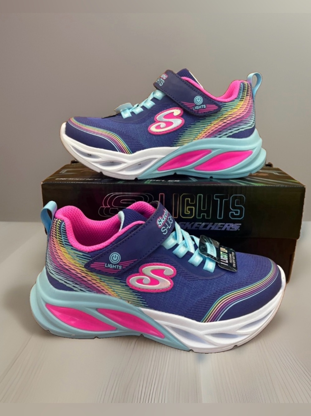 Skechers Kids' S-Lights Navy & Pink Light-Up Athletic Shoes